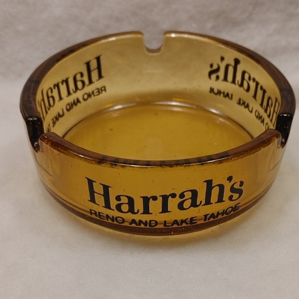 Vintage Harrah's Hotel Casino Amber Ashtray Collectible Rare